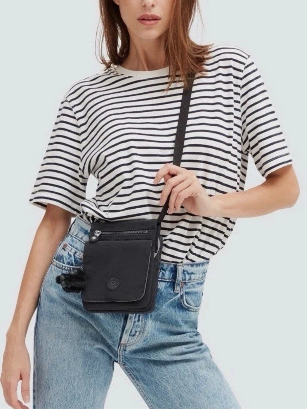Kipling New Eldorado Black Tonal Crossbody Bag With Monkey Keychain. NWT